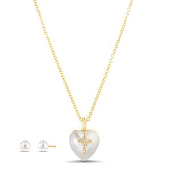 Paige Harper 14k Gold Plated Glass Pearl Stud Earrings & Pierced Glass Pearl Pave Cross Necklace Set