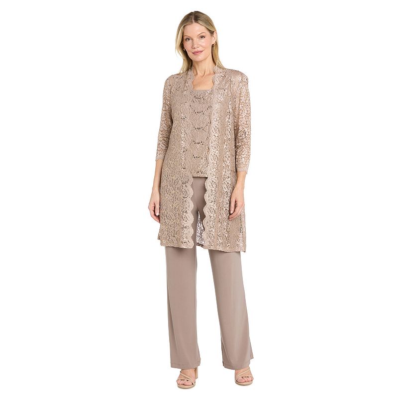 Women's R&M Richards Metallic Pant Suit & Sheer Lace Jacket, Size: 12, Beige
