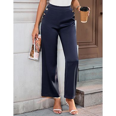 Women's High Waisted Wide Leg Button Decorated Casual Stretchy Pants