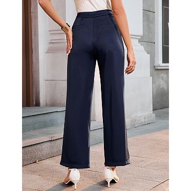 Women's High Waisted Wide Leg Button Decorated Casual Stretchy Pants