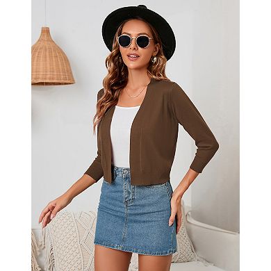 Women's Cropped Cardigan 3/4 Sleeve Open Front Shrug Casual Classic Solid Color sweater