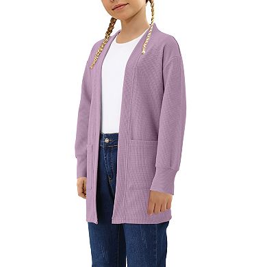 Girls Chunky Knit Cardigan Open Front Long Sleeve Casual Sweater Coat with Pockets