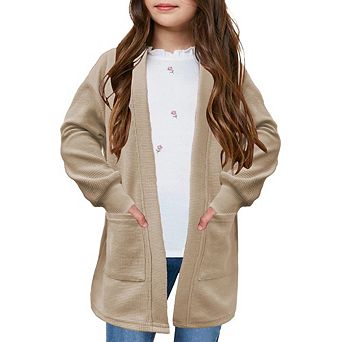 Girls Chunky Knit Cardigan Open Front Long Sleeve Casual Sweater Coat with Pockets
