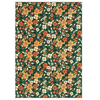 Modern Floral Printed Area Rug Machine Washable Ultra Thin Non Slip Floor Cover for Living Room