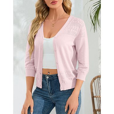 Women's Cropped Cardigans 3/4 Sleeve Button Down Lightweight V Neck Sweaters Shrugs Tops