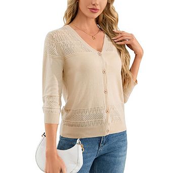 Women's Cropped Cardigans 3/4 Sleeve Button Down Lightweight V Neck Sweaters Shrugs Tops
