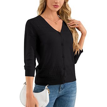 Women's Cropped Cardigans 3/4 Sleeve Button Down Lightweight V Neck Sweaters Shrugs Tops
