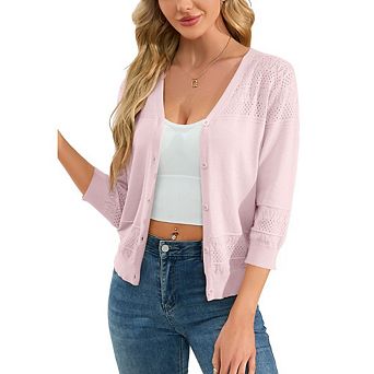 Women's Cropped Cardigans 3/4 Sleeve Button Down Lightweight V Neck Sweaters Shrugs Tops