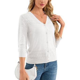 Women's Cropped Cardigans 3/4 Sleeve Button Down Lightweight V Neck Sweaters Shrugs Tops