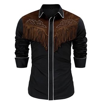 Men's Western Fringe Cowboy Shirt Long Sleeve Embroidered Slim Fit Casual Button Down Shirts