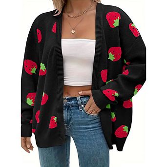 Women's Plus Size Open Front Knit Cardigan Strawberry Floral Print Long Sleeve Sweater
