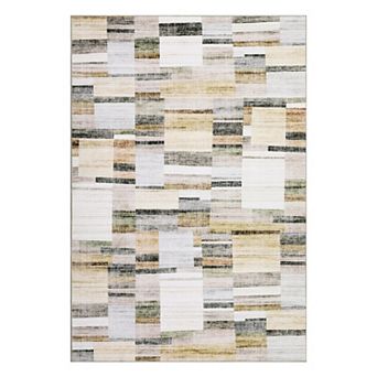 Modern Color Blocked Grid Washable Area Rug for Home Office Low Pile Non Slip Soft Rug for Bedroom