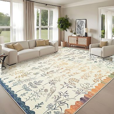 Modern Floral Print Area rug Machine Washable Non Slip Stain Resistant Low Pile for Bedroom