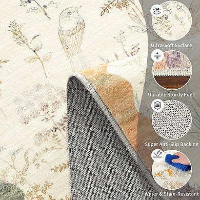 Modern Floral Print Area rug Machine Washable Non Slip Stain Resistant Low Pile for Bedroom