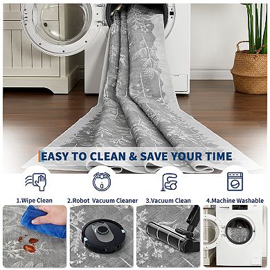 Modern Floral Print Area rug Machine Washable Non Slip Stain Resistant Low Pile for Bedroom