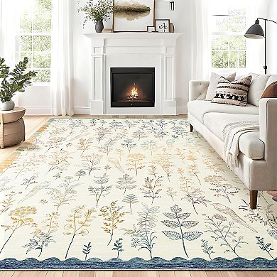 Modern Floral Print Area rug Machine Washable Non Slip Stain Resistant Low Pile for Bedroom