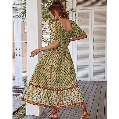 Women's Short Sleeve Square Neck Floral Print Midi Dress