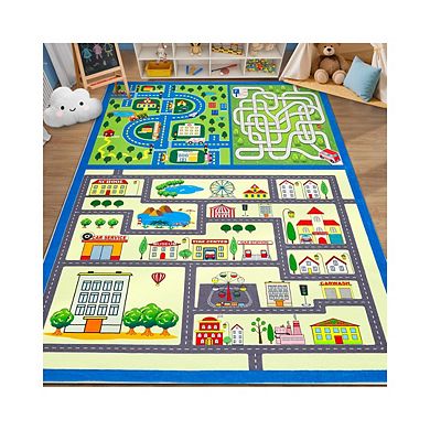 Modern Colorful Street Pattern Area Rug for Kids'Room Machine Washable Non Slip Mat for Nursery