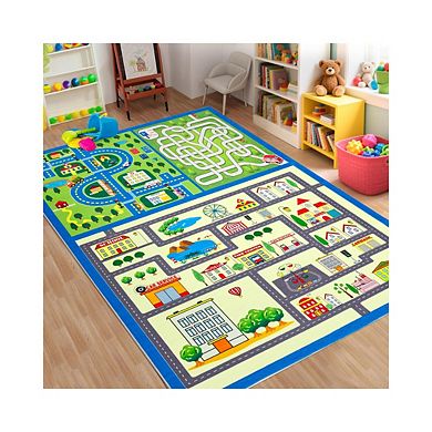 Modern Colorful Street Pattern Area Rug for Kids'Room Machine Washable Non Slip Mat for Nursery