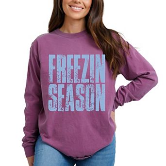 Freezin Season Block Distressed - Women's Garment Dyed Long Sleeve Graphic T-Shirt