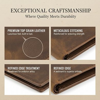 AKSZRI Men's Top Grain Leather Wallet - RFID Bifold with 8 Slots, 2 ID Windows & Gift Box
