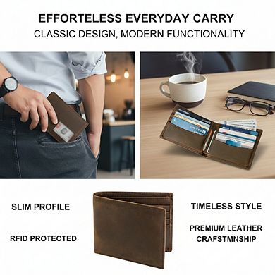 AKSZRI Men's Top Grain Leather Wallet - RFID Bifold with 8 Slots, 2 ID Windows & Gift Box