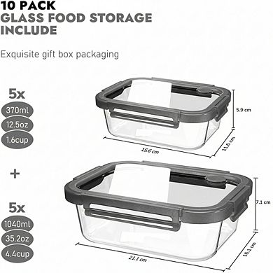 10-Pack Borosilicate Glass Food Containers, Oven & Dishwasher Safe Airtight Storage, Gray Lids