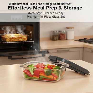 10-Pack Borosilicate Glass Food Containers, Oven & Dishwasher Safe Airtight Storage, Gray Lids