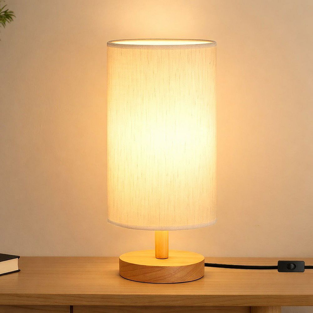 Small Table Lamp with Wood Base Fabric Shade