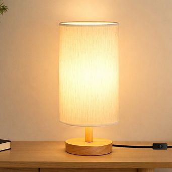Small Table Lamp with Wood Base Fabric Shade