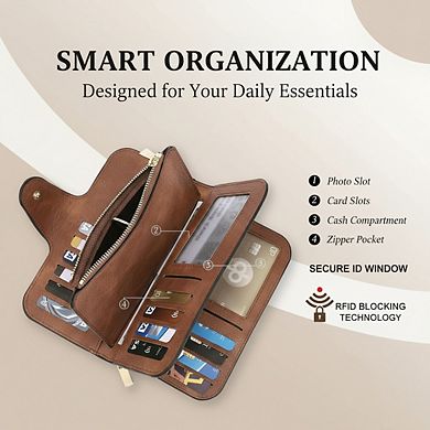 AKSZRI Wallet For Women PU Leather RFID Blocking Womens Wallet Bifold Card Holder with ID Window