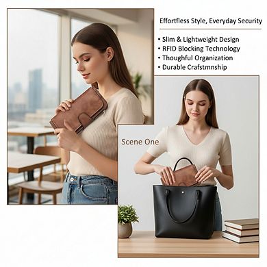 AKSZRI Wallet For Women PU Leather RFID Blocking Womens Wallet Bifold Card Holder with ID Window