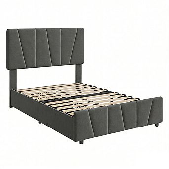 Upholstered Bed Frame - Adjustable Headboard & 2 Storage Drawers, Platform with Wood Slats