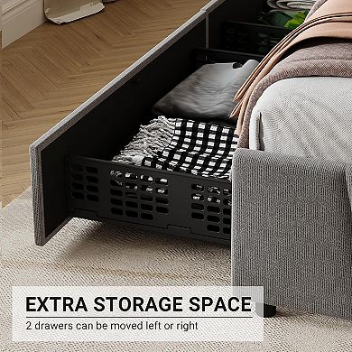 Upholstered Bed Frame - Adjustable Headboard & 2 Storage Drawers, Platform with Wood Slats