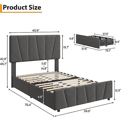 Upholstered Bed Frame - Adjustable Headboard & 2 Storage Drawers, Platform with Wood Slats