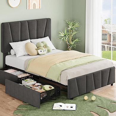 Upholstered Bed Frame - Adjustable Headboard & 2 Storage Drawers, Platform with Wood Slats