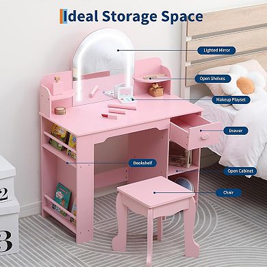 Kids Vanity with Lighted Mirror, Kids Vanity Set with Mirror & Drawers, Kids Makeup with Bookshelf
