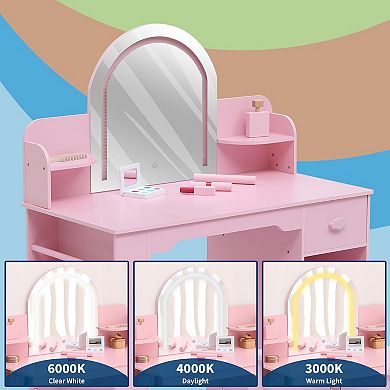 Kids Vanity with Lighted Mirror, Kids Vanity Set with Mirror & Drawers, Kids Makeup with Bookshelf