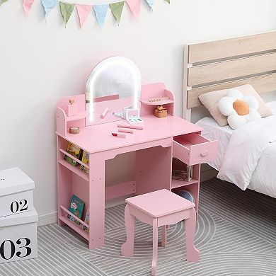 Kids Vanity with Lighted Mirror, Kids Vanity Set with Mirror & Drawers, Kids Makeup with Bookshelf