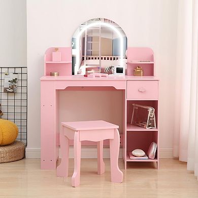 Kids Vanity with Lighted Mirror, Kids Vanity Set with Mirror & Drawers, Kids Makeup with Bookshelf