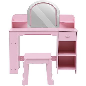 Kids Vanity with Lighted Mirror, Kids Vanity Set with Mirror & Drawers, Kids Makeup with Bookshelf
