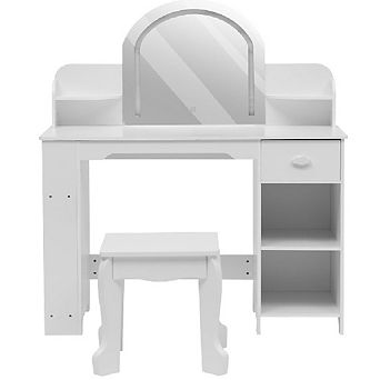 Kids Vanity with Lighted Mirror, Kids Vanity Set with Mirror & Drawers, Kids Makeup with Bookshelf