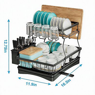 2 Tier Kitchen Dish Rack with Auto-Drain, Rustproof, Tool-Free Assembly