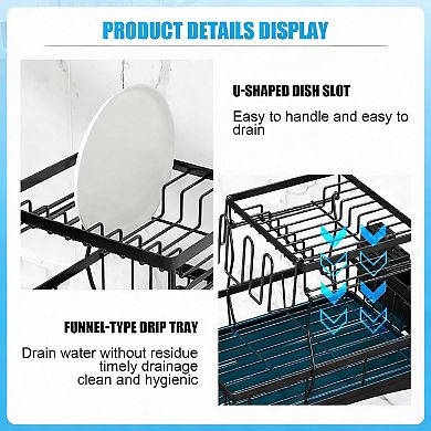 2 Tier Kitchen Dish Rack with Auto-Drain, Rustproof, Tool-Free Assembly