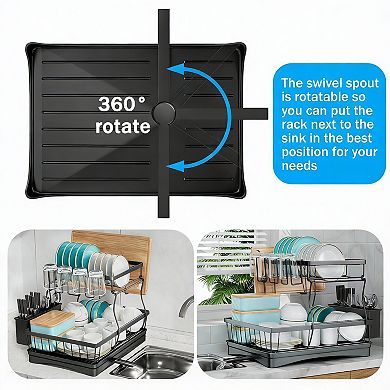 2 Tier Kitchen Dish Rack with Auto-Drain, Rustproof, Tool-Free Assembly
