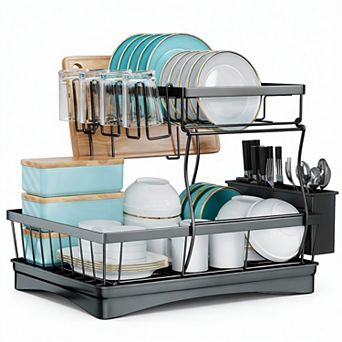 2 tier Kitchen Dish Rack with Auto-Drain, Rustproof, Tool-Free Assembly