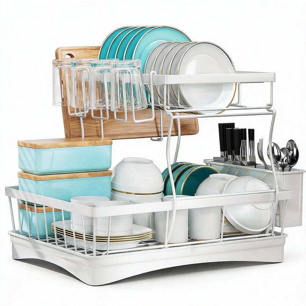 2 Tier Kitchen Dish Rack with Auto-Drain, Rustproof, Tool-Free Assembly