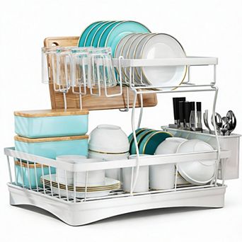 2 tier Kitchen Dish Rack with Auto-Drain, Rustproof, Tool-Free Assembly