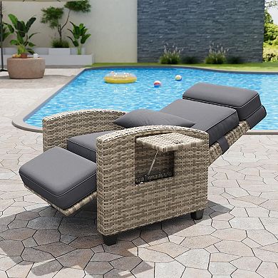 Outdoor Recliner Chair with Cushion & Side Table, Adjustable 145° Lounge Chair for Patio, Poolside