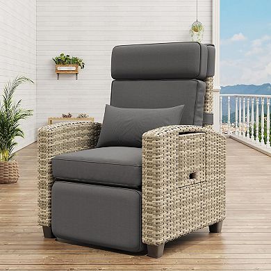 Outdoor Recliner Chair with Cushion & Side Table, Adjustable 145° Lounge Chair for Patio, Poolside
